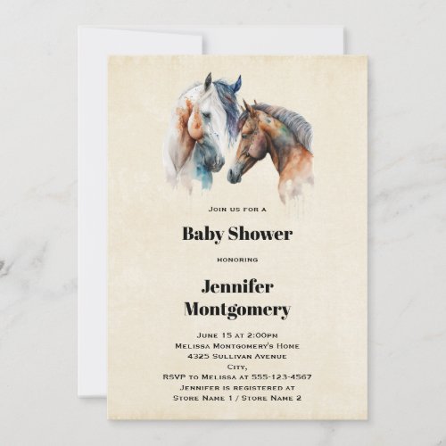 Watercolor Horses Boho Dripping Paint Baby Shower Invitation