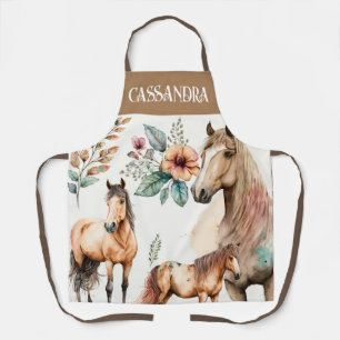 Watercolor horses fall flowers boho pastel name apron