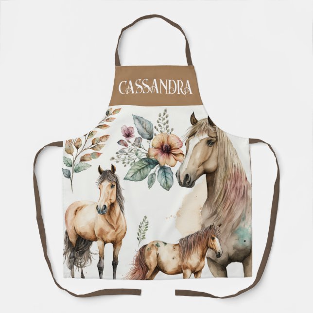 Watercolor horses fall flowers boho pastel name apron (Front)