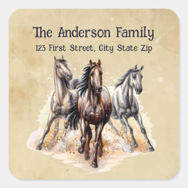 Watercolor Horses Farm Animal Art Square Sticker (Front)