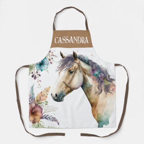 Watercolor horses head boho flowers name elegant apron