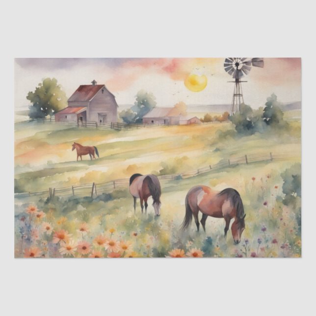 Watercolor Horses in Field of sunflowers Tissue Paper (Front)