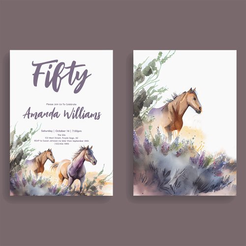 Watercolor Horses Purple Sage Fiftieth Birthday Invitation