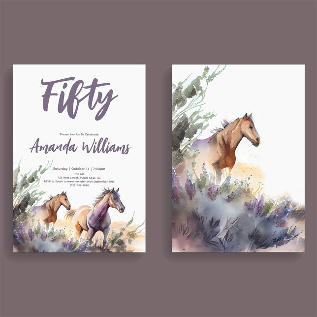Watercolor Horses Purple Sage Fiftieth Birthday Invitation (Creator Uploaded)