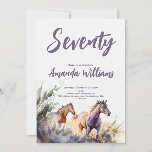 Watercolor Horses Purple Sage Seventieth Birthday Invitation