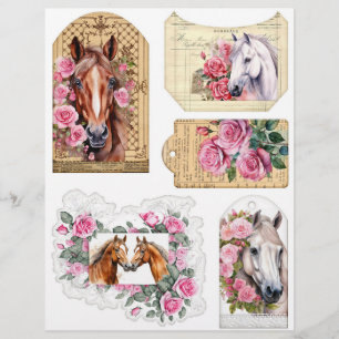 Watercolor Horses with Pink Roses Ephemera