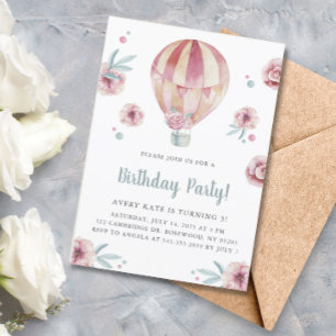 Watercolor Hot Air Balloon and Floral Birthday Invitation