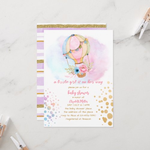 Watercolor Hot Air Balloon Baby Girl Shower Invitation