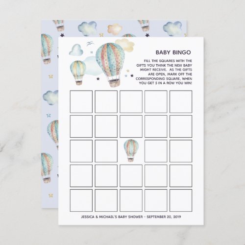 Watercolor Hot Air Balloon Baby Shower Bingo Invitation