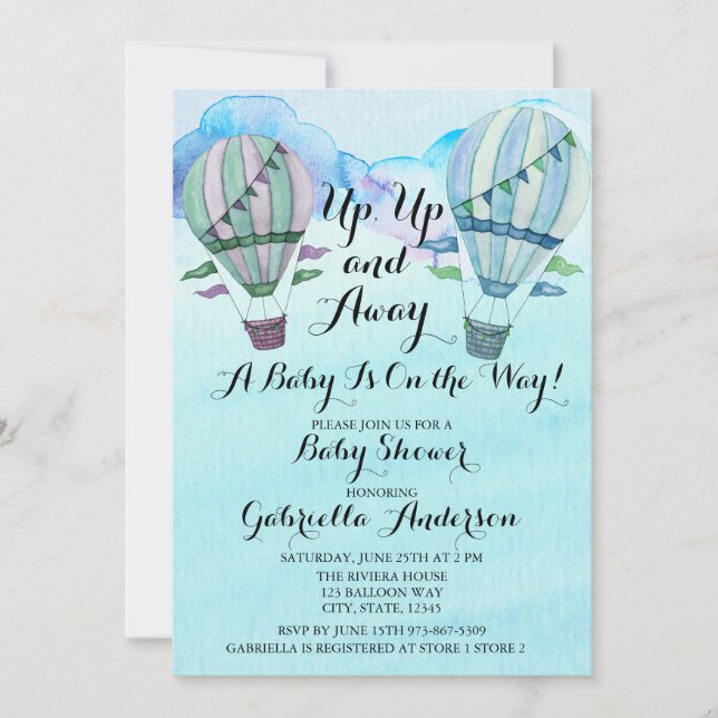 Watercolor Hot Air Balloon Baby Shower Invitation (Front)