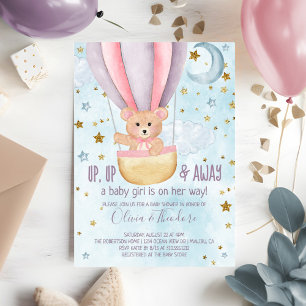 Watercolor Hot Air Balloon Bear Girl Baby Shower Invitation