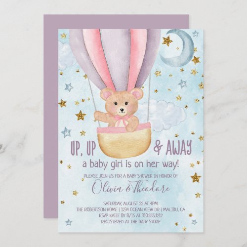 Watercolor Hot Air Balloon Bear Girl Baby Shower Invitation