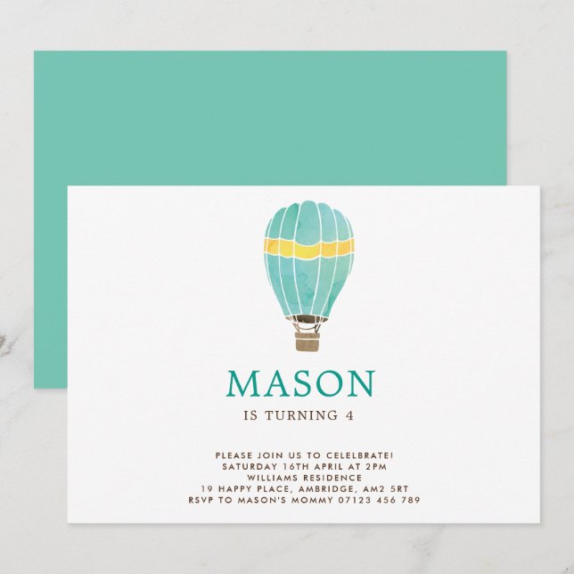 Watercolor Hot Air Balloon Birthday Invitation (Front/Back)