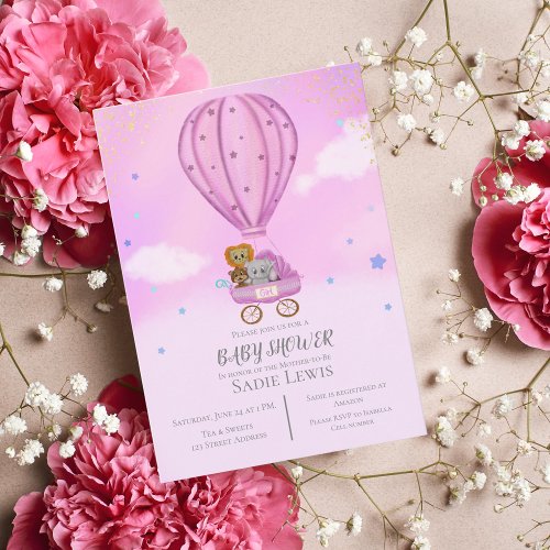 Watercolor Hot Air Balloon Cute Baby Shower Girl  Invitation