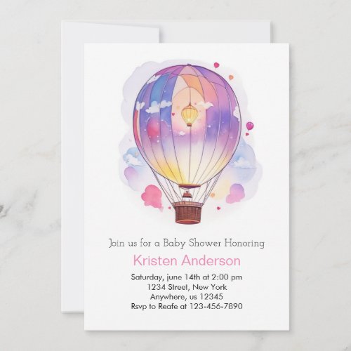 Watercolor Hot Air Balloon Girl Baby Shower Invitation