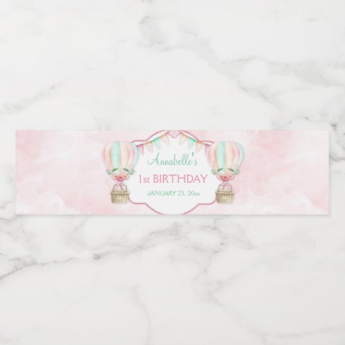 Watercolor Hot Air Balloon Mint Pink Peach Water Bottle Label