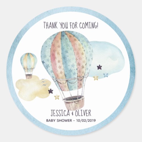 Watercolor Hot Air Balloon Party in Blue Classic Round Sticker