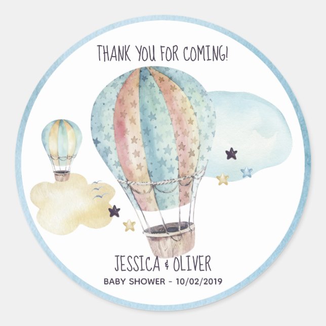 Watercolor Hot Air Balloon Party in Blue Classic Round Sticker (Front)
