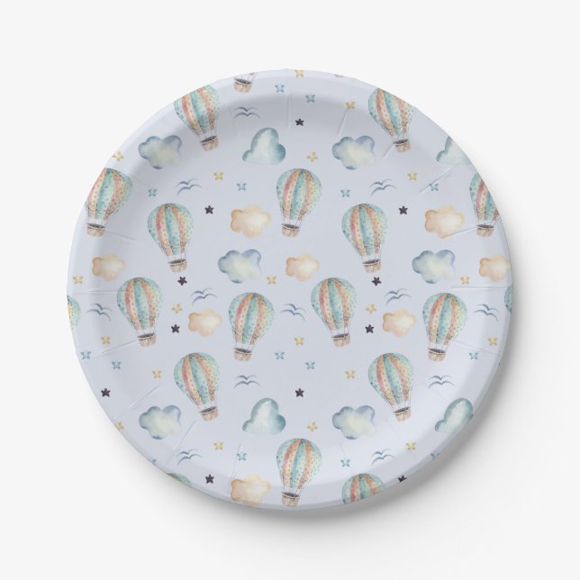 Watercolor Hot Air Balloon Party in Blue Paper Plates (Front)