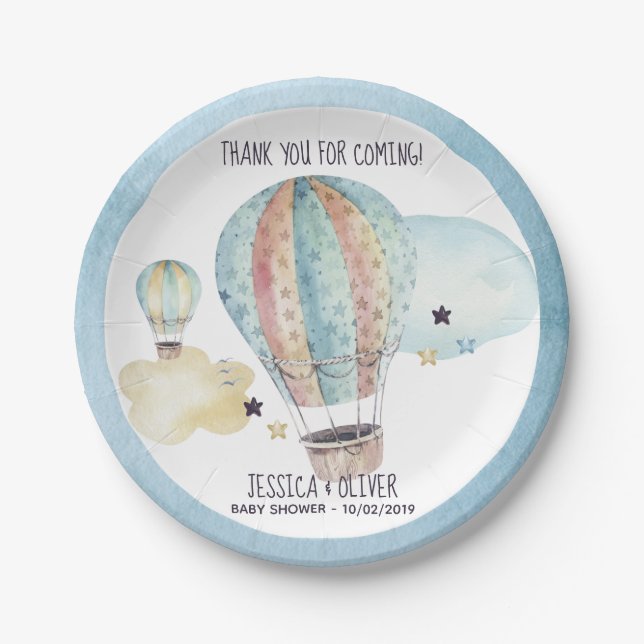 Watercolor Hot Air Balloon Party in Blue Paper Plates (Front)