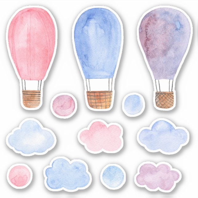 Watercolor hot air balloon. Pink, blue and purple Sticker (Front)