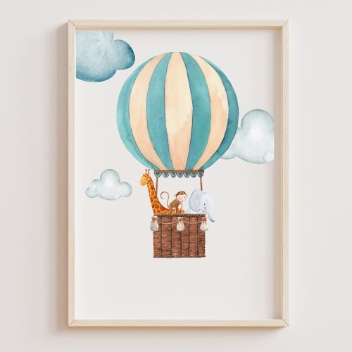 Watercolor Hot Air Balloon Safari Friends Nursery Poster