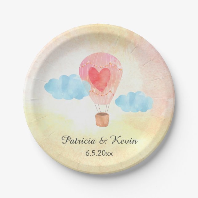 Watercolor Hot Air Balloon Wedding Paper Plates (Front)