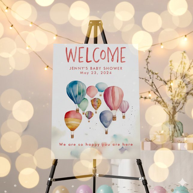 Watercolor hot air balloons baby shower welcome foam board (Watercolor hot air balloons baby shower welcome foam board.)