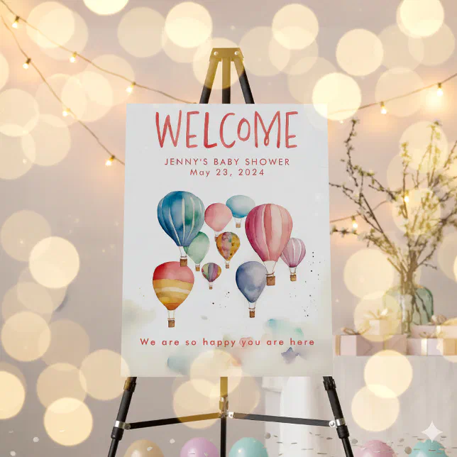Watercolor hot air balloons baby shower welcome foam board | Zazzle