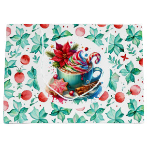  Watercolor Hot Cocoa, Candy Cane Christmas Large Gift Bag