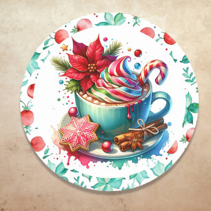 Watercolor Hot Cocoa, Candy Cane Cinnamon Sticks Classic Round Sticker