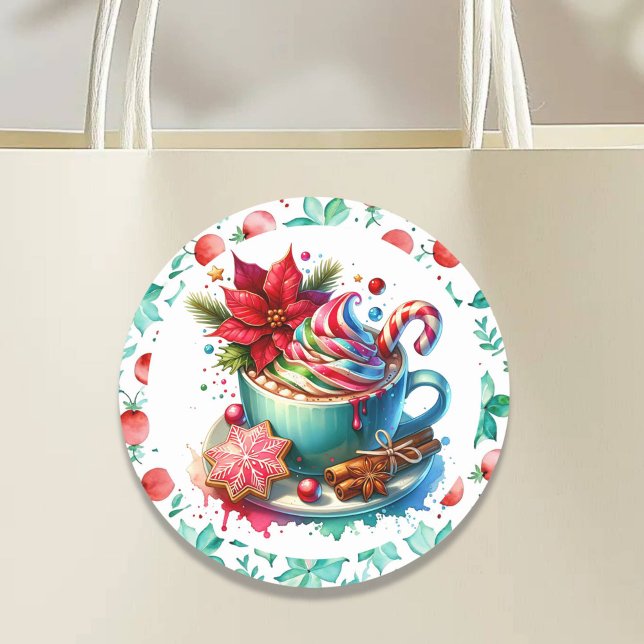  Watercolor Hot Cocoa, Candy Cane  Cinnamon Sticks Classic Round Sticker (Creator Uploaded)
