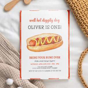 Watercolor Hot Dog 1st Birthday Invitation
