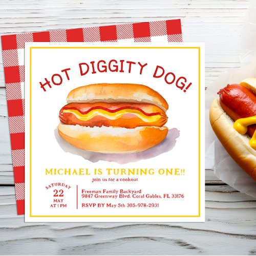 Watercolor Hot Dog Cookout Birthday Party Invitation