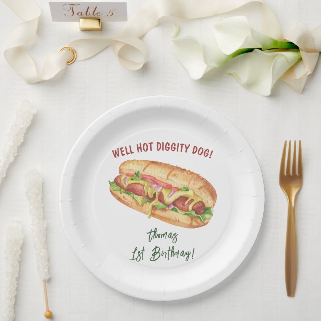 Watercolor Hot Dog Kids Birthday Paper Plates (Wedding)