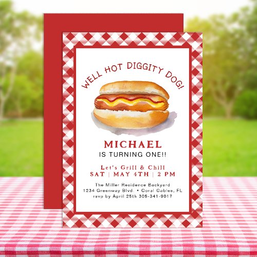 Watercolor Hot Dog Kids Birthday Party Cookout Invitation