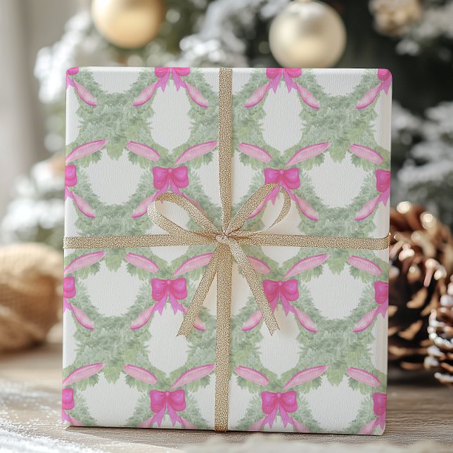 Watercolor Hot Pink Bow Garland Christmas Wrapping Paper (Creator Uploaded)
