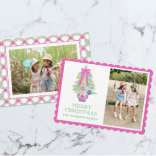 Watercolor Hot Pink Bow Ginger Jar Christmas Photo Holiday Card