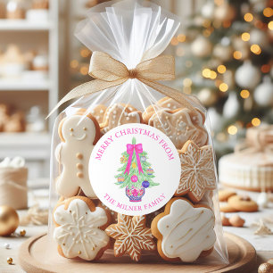 Watercolor Hot Pink Bow Ginger Jar Return Address Classic Round Sticker