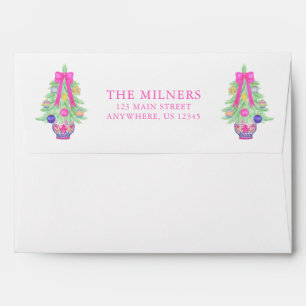 Watercolor Hot Pink Bow Ginger Jar Tree Christmas Envelope