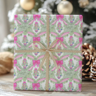 Watercolor Hot Pink Bow Ginger Jar Tree Christmas Wrapping Paper