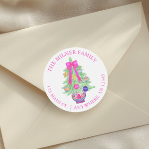 Watercolor Hot Pink Bows Christmas Ginger Jar Classic Round Sticker