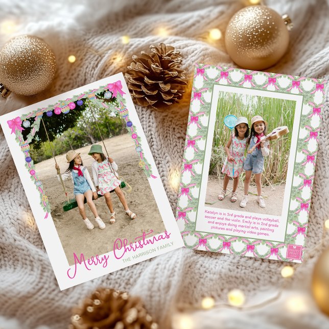 Watercolor Hot Pink Bows Garland Christmas Photo Holiday Card (Creator Uploaded)
