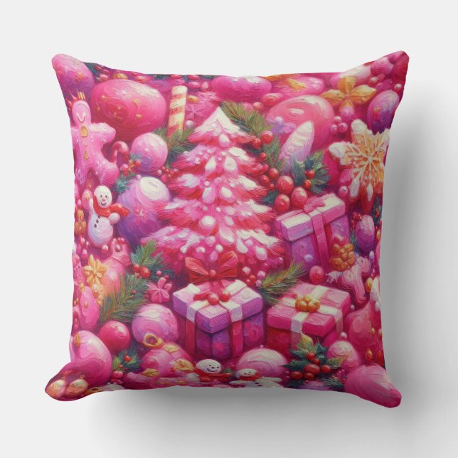 Watercolor Hot Pink Christmas Motifs Holiday Throw Pillow (Front)