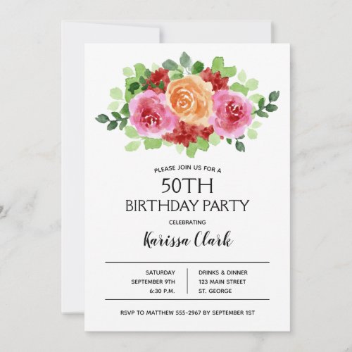 Watercolor Hot Pink Floral Birthday Invitations