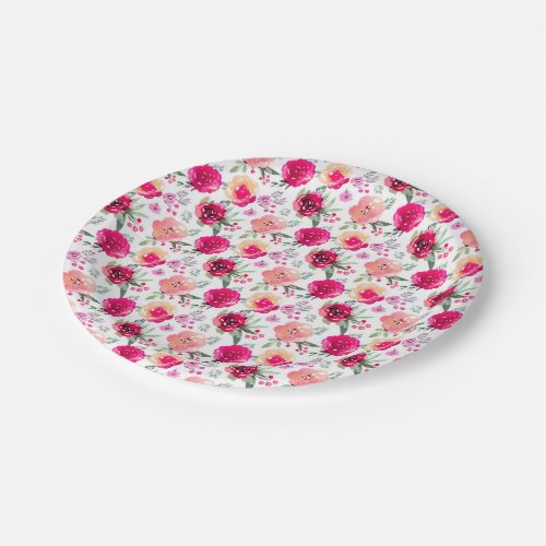 Watercolor Hot Pink Floral Paper Plates