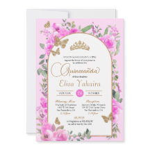 Watercolor Hot Pink Gold Butterfly Quinceañera