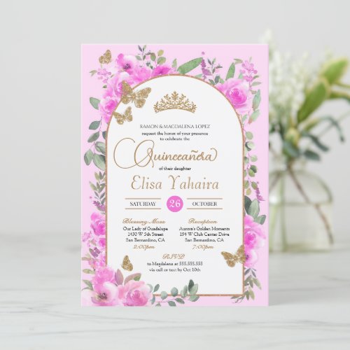 Watercolor Hot Pink Gold Butterfly Quinceaera Invitation