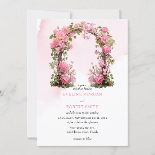 Watercolor hot pink magenta roses wedding arch  invitation