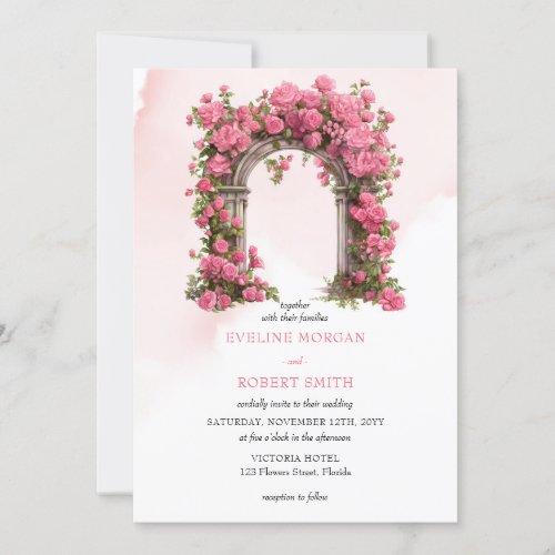 Watercolor hot pink magenta roses wedding arch  invitation